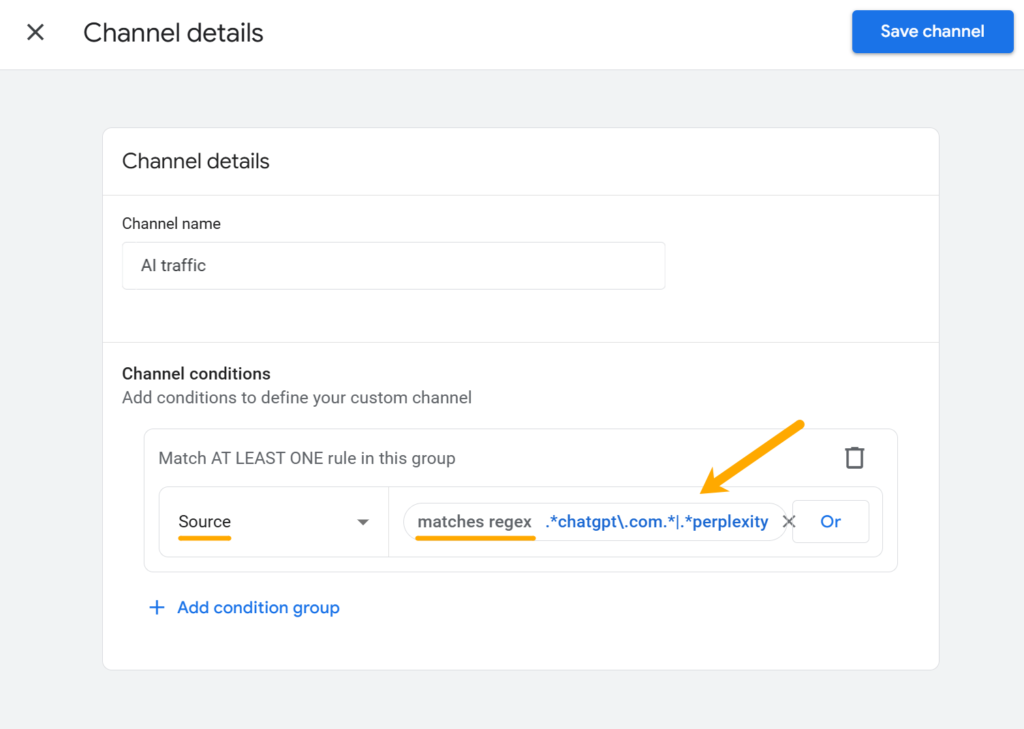 Interfaz de Google Analytics para configurar un canal personalizado llamado Tráfico de IA. Se aplica una regla de expresión regular en las condiciones del canal para buscar coincidencias entre fuentes como chatgpt.com o perplexity.