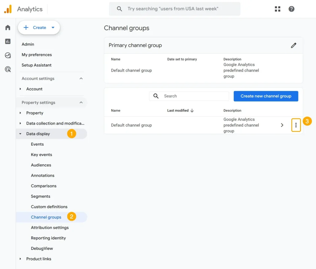Interfaz de Analytics que muestra cómo crear o administrar grupos de canales en Google Analytics.